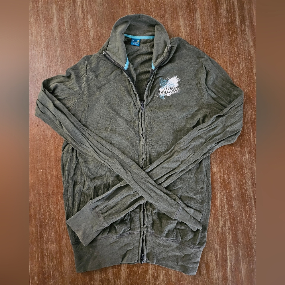 Womens Hollister Grey Zip Sweatshirt with White & Blue Accents Size Medium